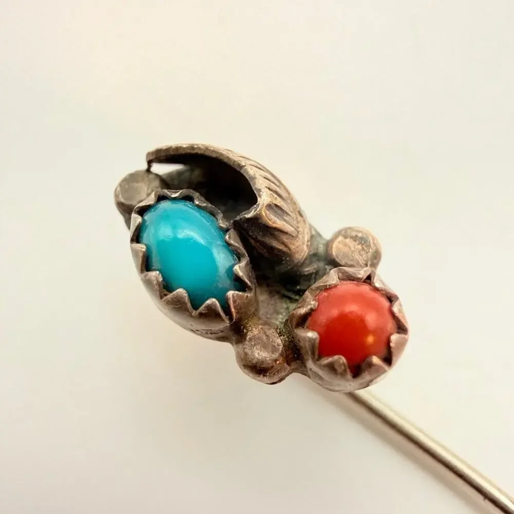 Vintage Sterling Silver Southwest Navajo Turquoise Coral Leaf Stick Pin